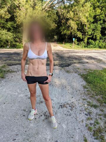 wi[f]es thin sports bra on the local running trail