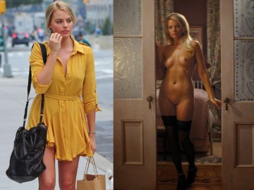 margot robbie goes from yellow dress to nothing at all