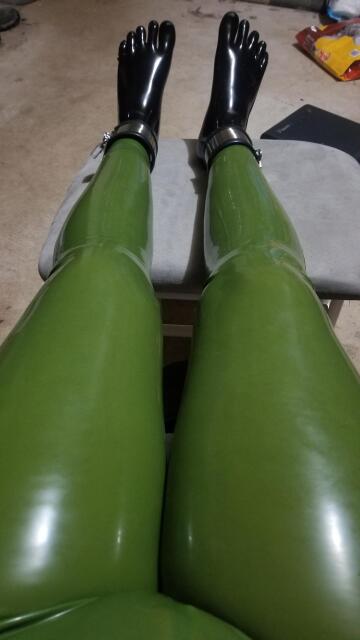 locked in latex for the night. mrs put the keys in the car, and a chain will connect the cuffs in bed to deter covering up to go outside.