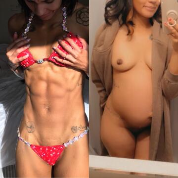 bodybuilding days (after 1st baby) vs 26 weeks with my 3rd!