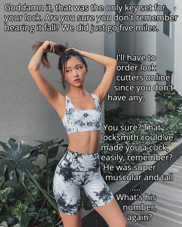 a different level of exercise [chastity] [implied-cuckold] [lost key] [post-workout]