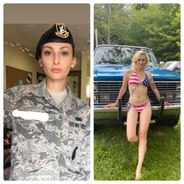 patriotic in and out of uniform. old photo from circa 2018 with old uniforms