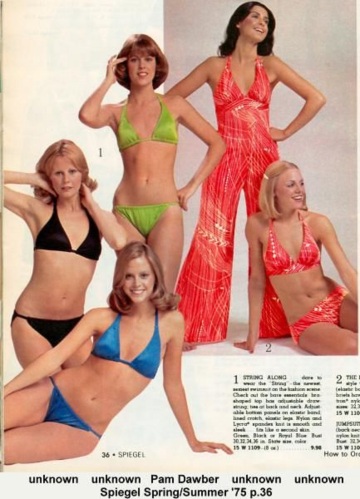 pam dawber, middle, modeling the green bikini, from the spiegel catalog of 1975.