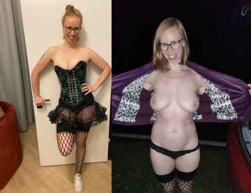 these pics are the before-and-after of a sex party we went to in berlin 2 weeks ago - the after pic is freshly fucked. afterwards i couldn't get the corset off fast enough - pic was at the car outside the club [f]