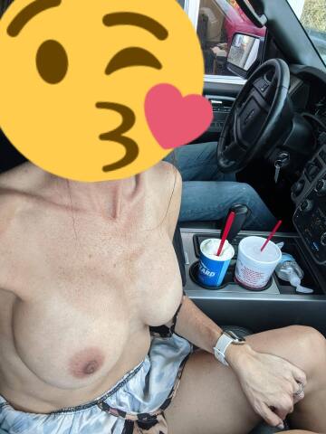 dared my wi[f]e to go through the drive thru topless