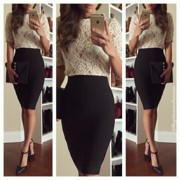 black pencil skirt and lace top