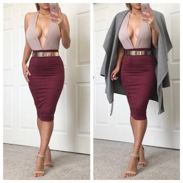 plunging bodysuit and pencil skirt