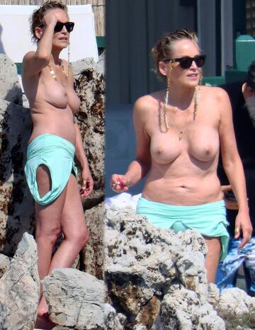 sharon stone, 63, topless at the beach