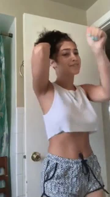 [gif] dancing in her bathroom with teasingly jiggling under boobs