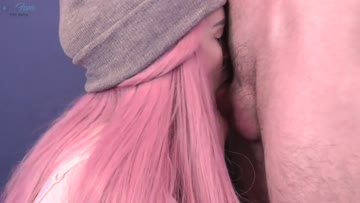girl with pink hair and beanie takes throatpie