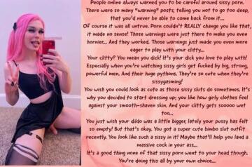 maybe you should be honest with yourself - you were hoping those warnings would come true. you want to be a submissive sissy slut too much to stop!