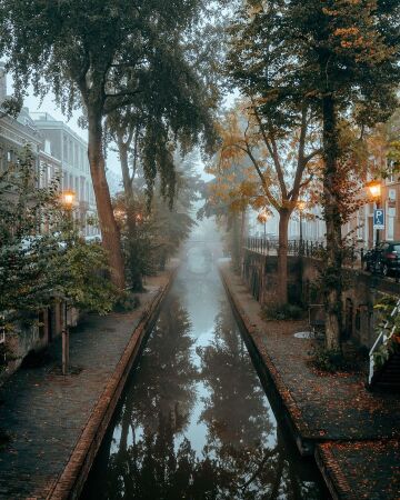 empty canal in the misty morning, utrecht, the netherlands.