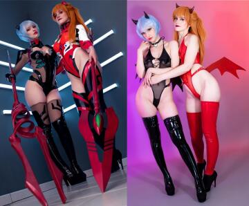 rei & asuka cosplay by yuzupyon & soa lianna from evangelion - we crafted our spears! [self]