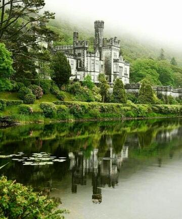 kylemore abbey in the fog, galway, ireland