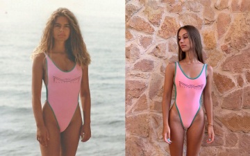 mother and daughter, same swimsuit decades apart