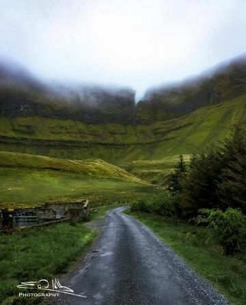 road to the foggy gleniff horshoe, sligo, ireland.