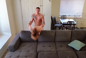 dirty talking redhead milf fucked over the back of the couch 