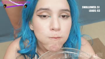 blue hair teen struggles with swallowing a mouth full of loads while another guy runs up on her and cums in her mouth 😇🤤😇