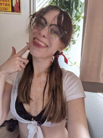 cumshot facial aftermath in my glasses and schoolgirl outfit