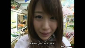 japanese girl masturbating with a carrot and sucking dick inside a grocery store