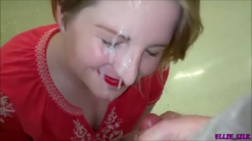 cute girl lets him bust his massive load on her face in public