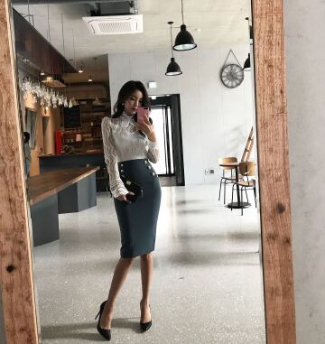 asian lady in pencil skirt