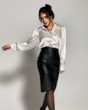 leather skirt, satin blouse