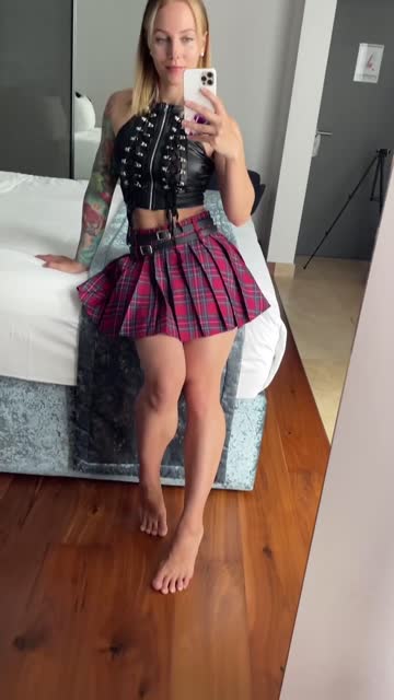 blonde skirt latex sfw tiktok alternative blue eyes 